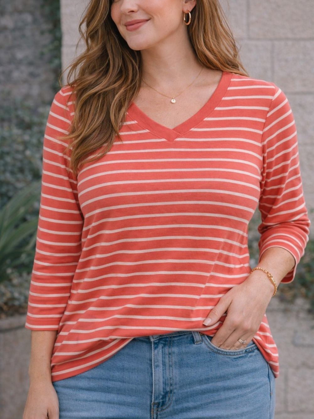 Kim Rogers Coral and Cream Striped V-Neck Long Sleeve Top